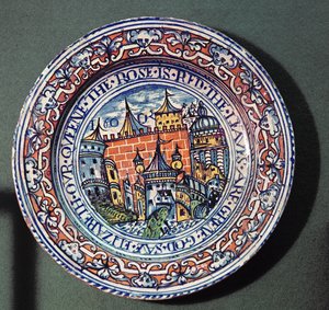 Delfts bord met uitzicht op de Tower of London, van bovenaf, c.1600 door English School